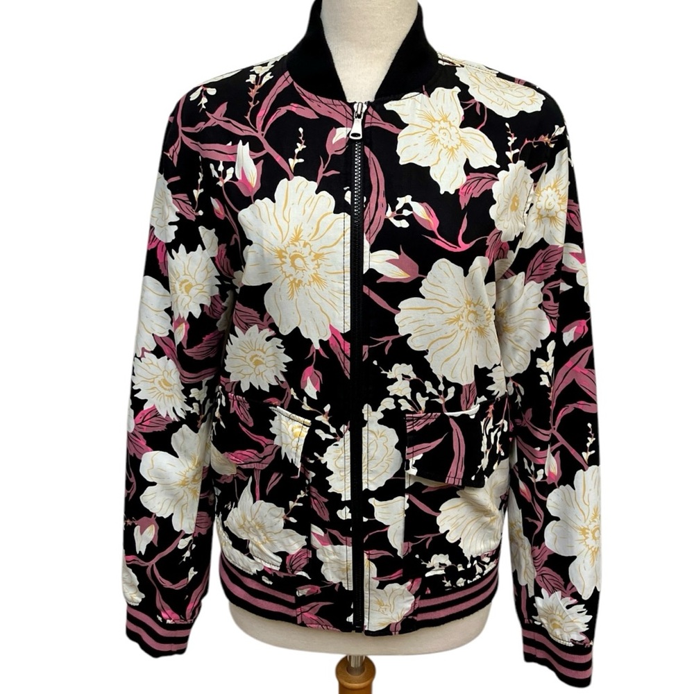 INC International Concepts Floral Black and Pink Bomber Jacket Women's Small